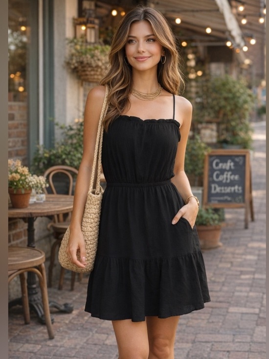 Express Dresses & Skirts - EXPRESS Black Crinkle Gauze Cinched Waist Tiered Cami Dress M NEW